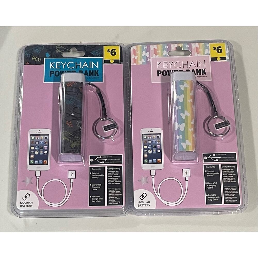 2 Pack Keychain Power Bank Quick Charge iphone Smart Device Butterfly Skateboard